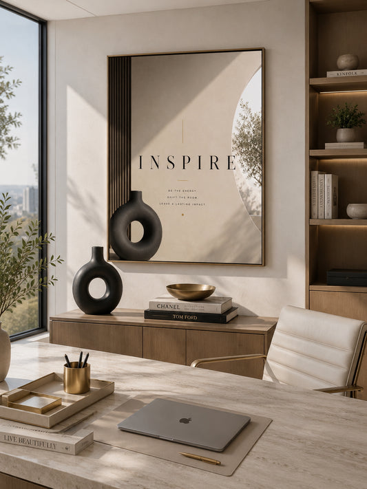 Inspire Typography Poster displayed in a modern home office.