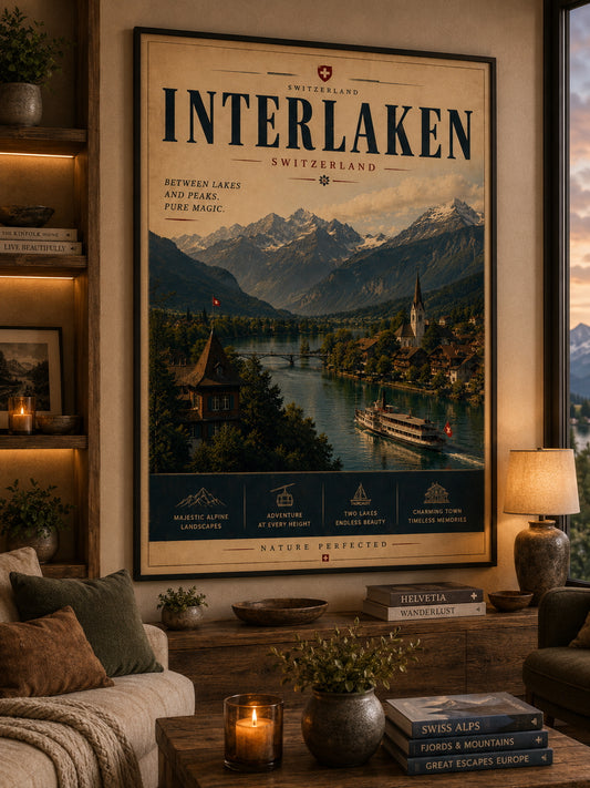 Interlaken Travel Poster displayed in a modern living room.