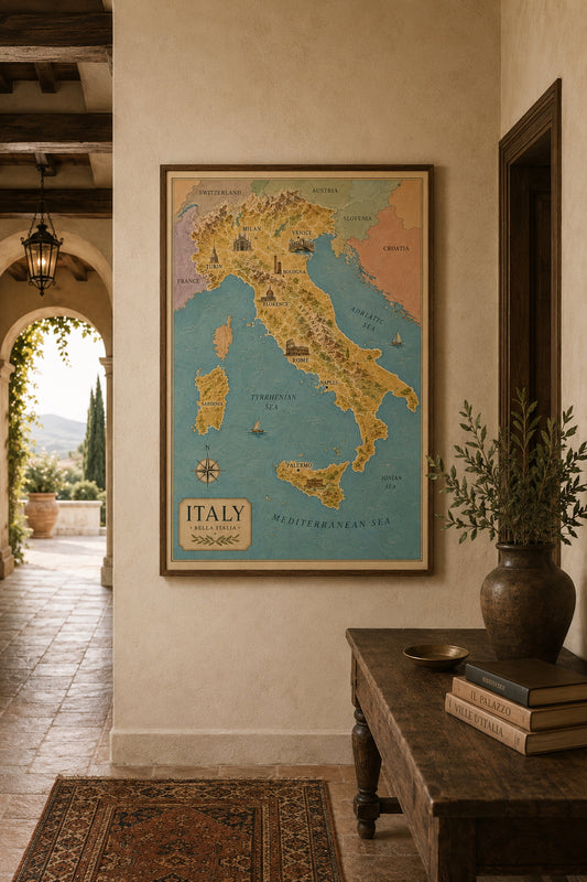 Italy Map Poster displayed in a modern hallway.