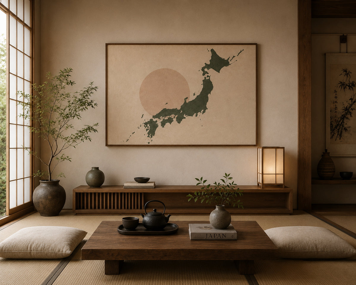 Japan Map Poster displayed in a modern home office.