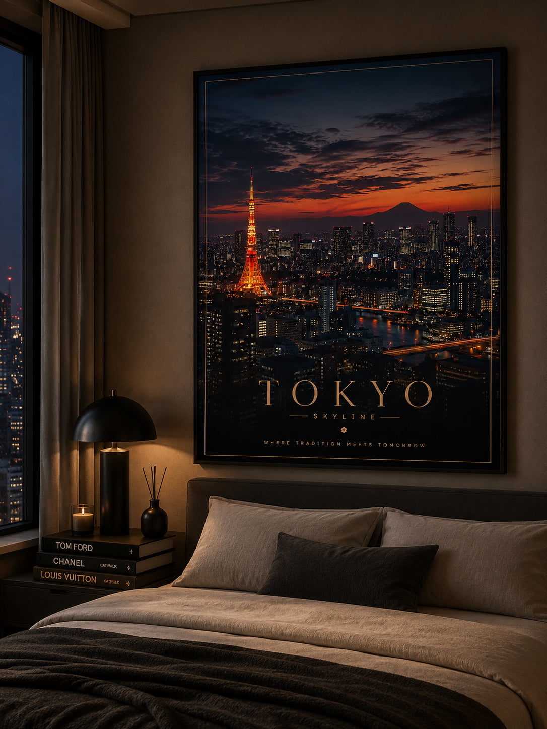 Tokyo Skyline Travel Poster displayed in a modern bedroom.