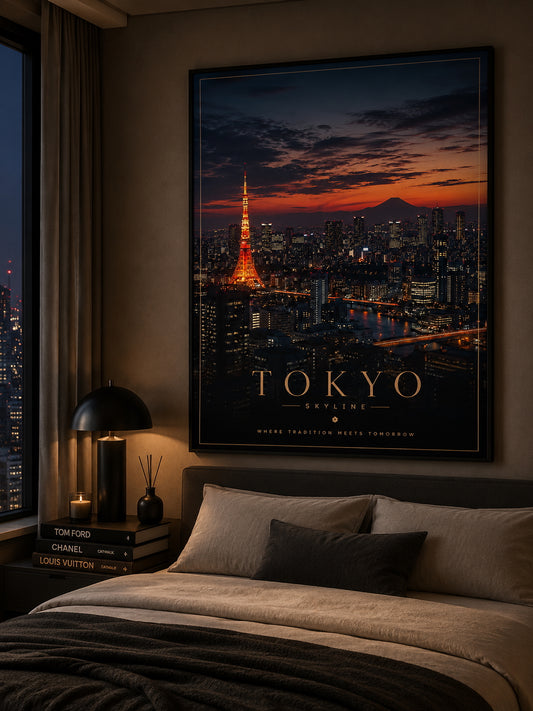 Tokyo Skyline Travel Poster displayed in a modern bedroom.