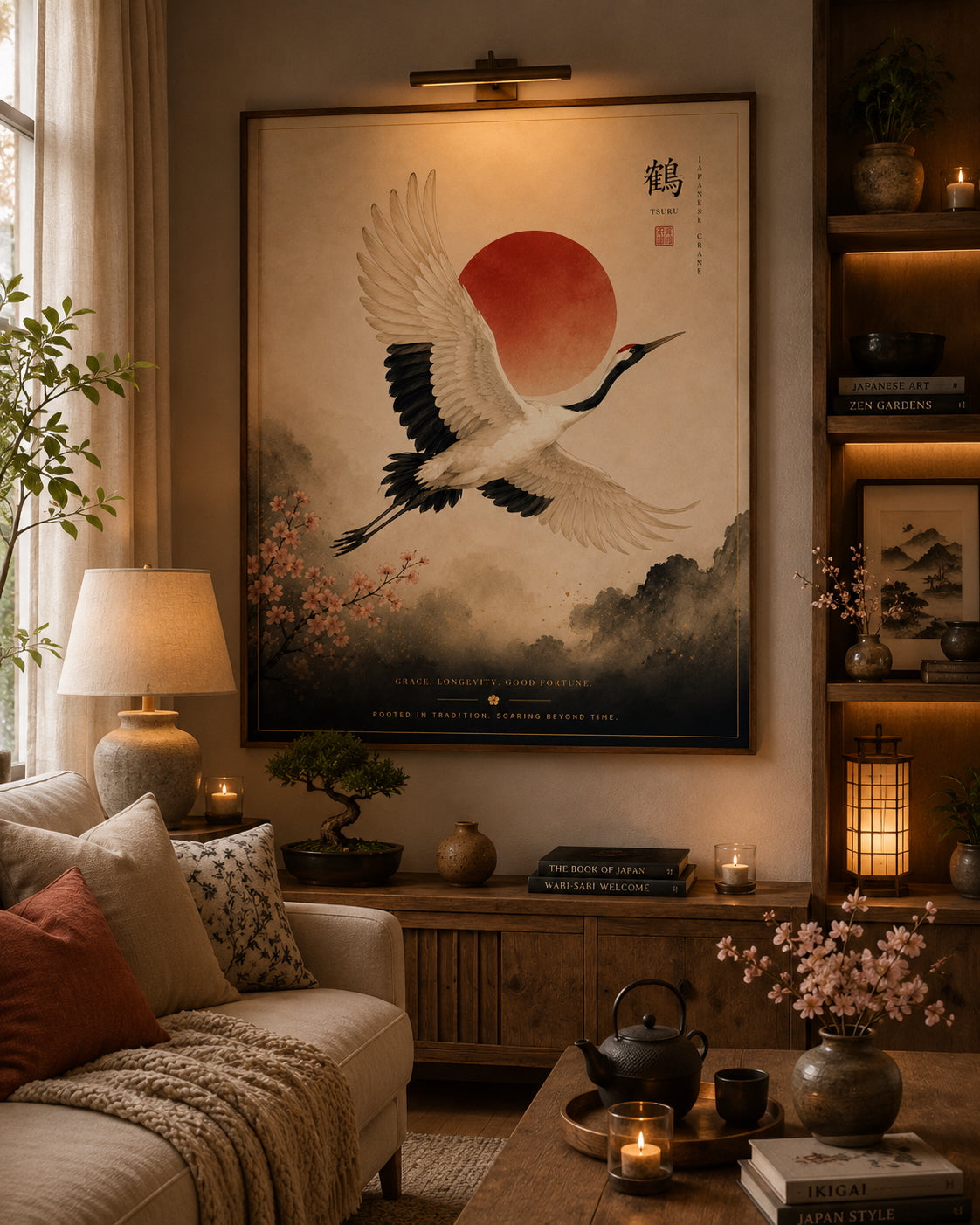 Japanese Crane Poster displayed in a modern living room.