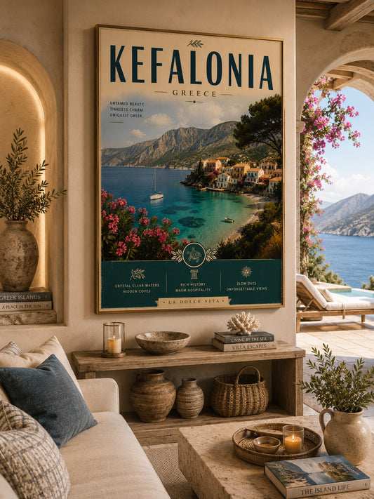 Kefalonia Travel Poster displayed in a modern living room.