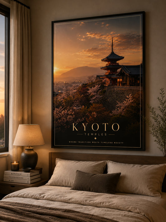 Kyoto Temples Travel Poster displayed in a modern bedroom.