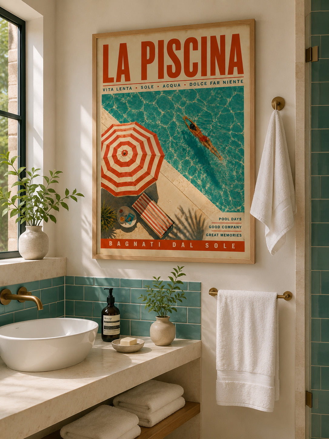 La Piscina Travel Poster displayed in a contemporary bathroom with turquoise tiles and warm Mediterranean styling