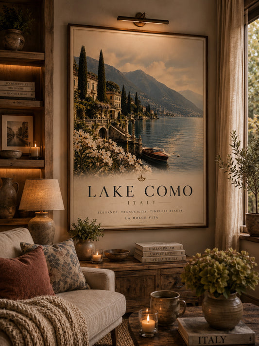 Lake Como Travel Poster displayed in a modern living room.