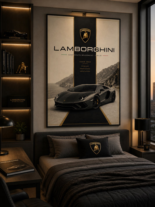 Lamborghini Car Poster displayed in a modern bedroom.