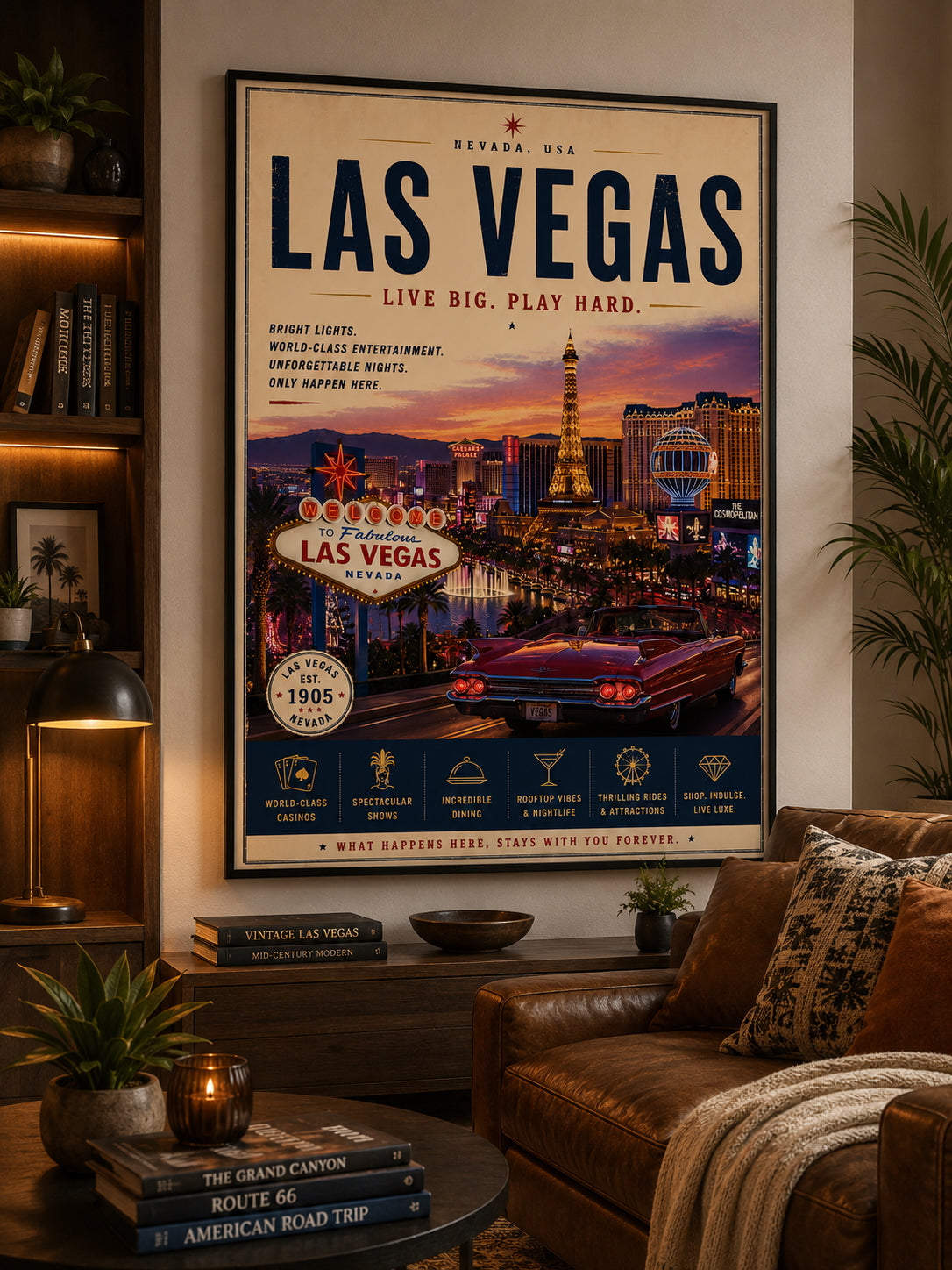 Las Vegas Travel Poster displayed in a modern living room.