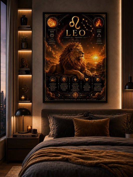 Leo Zodiac Poster displayed in a modern bedroom.