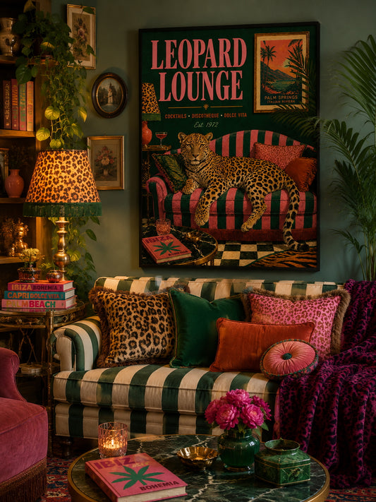 Leopard Lounge Poster displayed in a maximalist living room with rich green, pink and leopard print accents