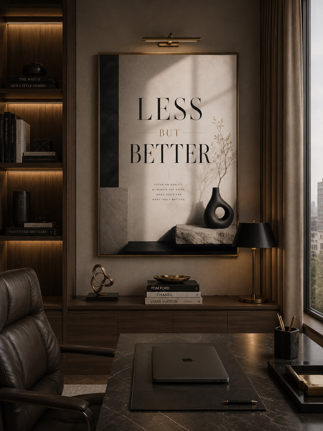 Less But Better Typography Poster displayed in a modern home office.