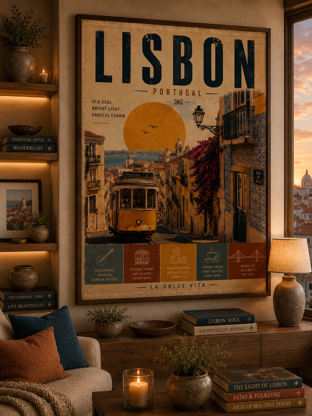 Lisbon Travel Poster displayed in a modern living room.