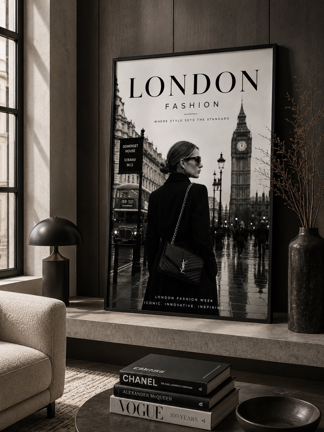 London Fashion Week Fashion Poster displayed in a modern living room.