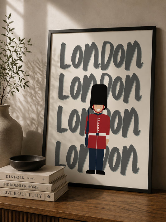 London Travel Poster displayed in a modern desk.