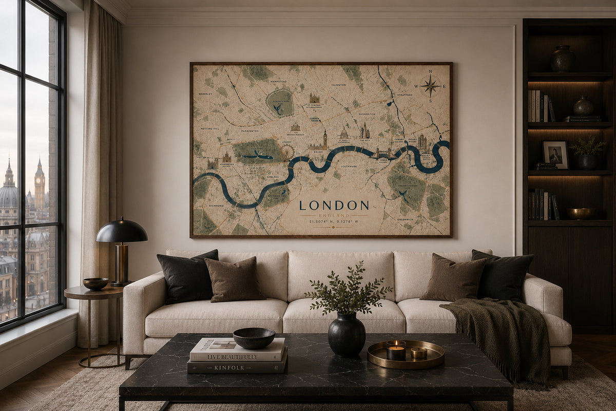 London Map Poster displayed in a modern living room.