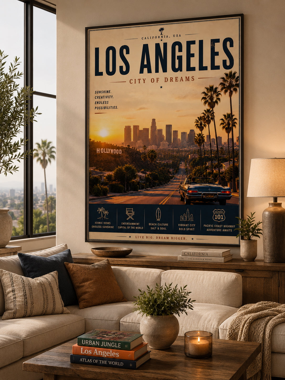Los Angeles Travel Poster displayed in a modern living room.