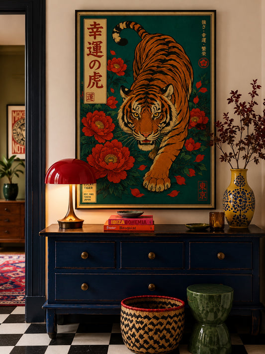 Lucky Tiger Japanese Poster displayed in a stylish interior with dark wood furniture and warm lighting