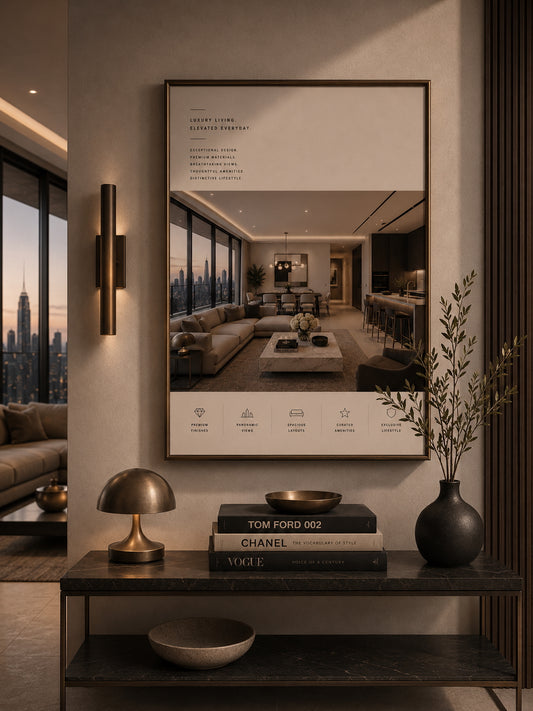 Luxury Apartment Architecture Poster displayed in a modern hallway.