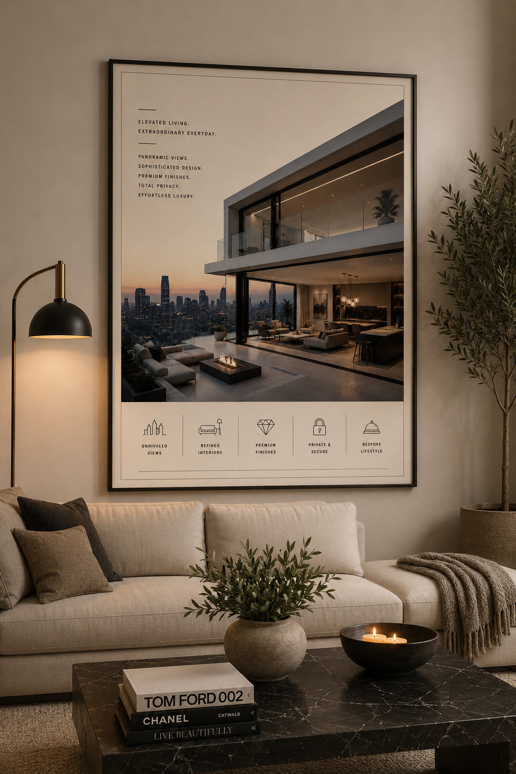Luxury Penthouse Architecture Poster displayed in a modern living room.