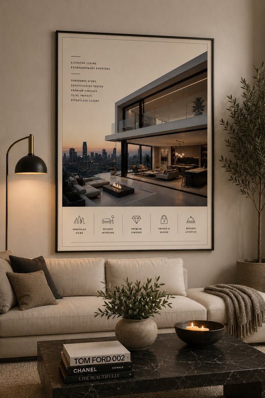 Luxury Penthouse Architecture Poster displayed in a modern living room.