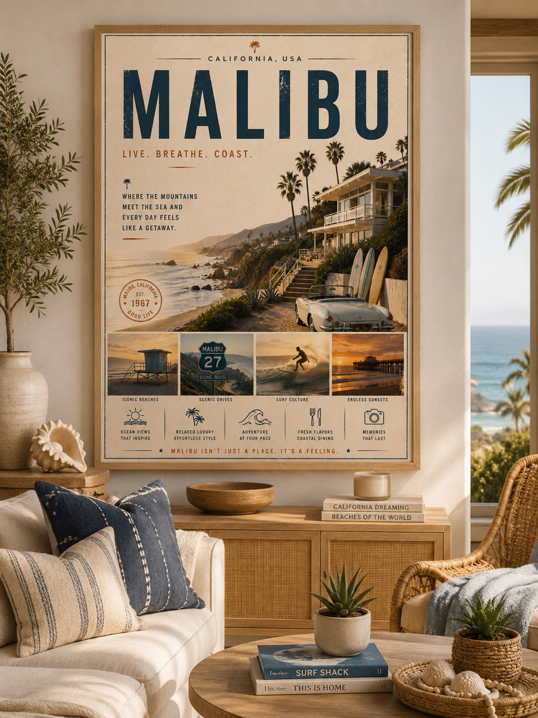 Malibu Travel Poster displayed in a modern living room.