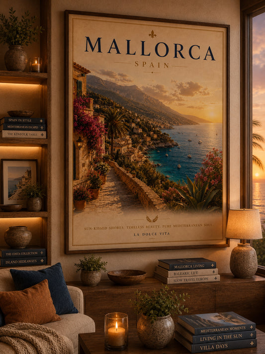 Mallorca Travel Poster displayed in a modern living room.