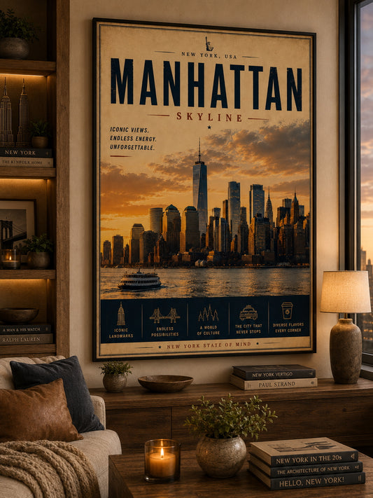 Manhattan Skyline Travel Poster displayed in a modern living room.