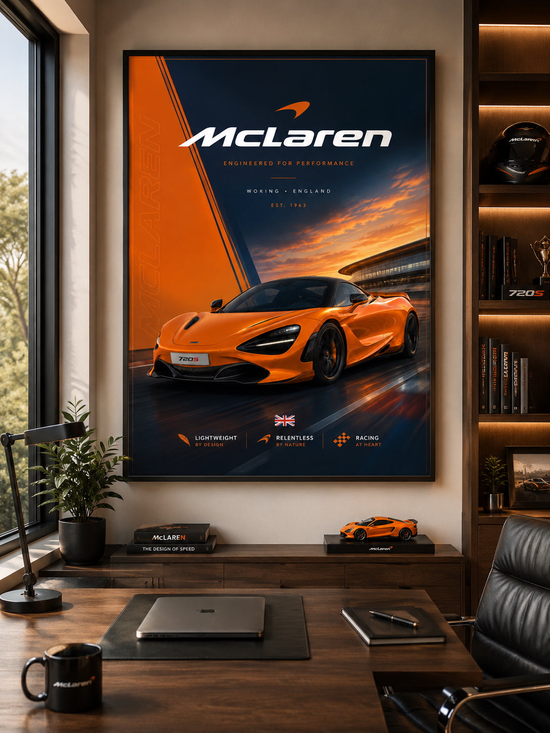 McLaren Car Poster displayed in a modern home office.