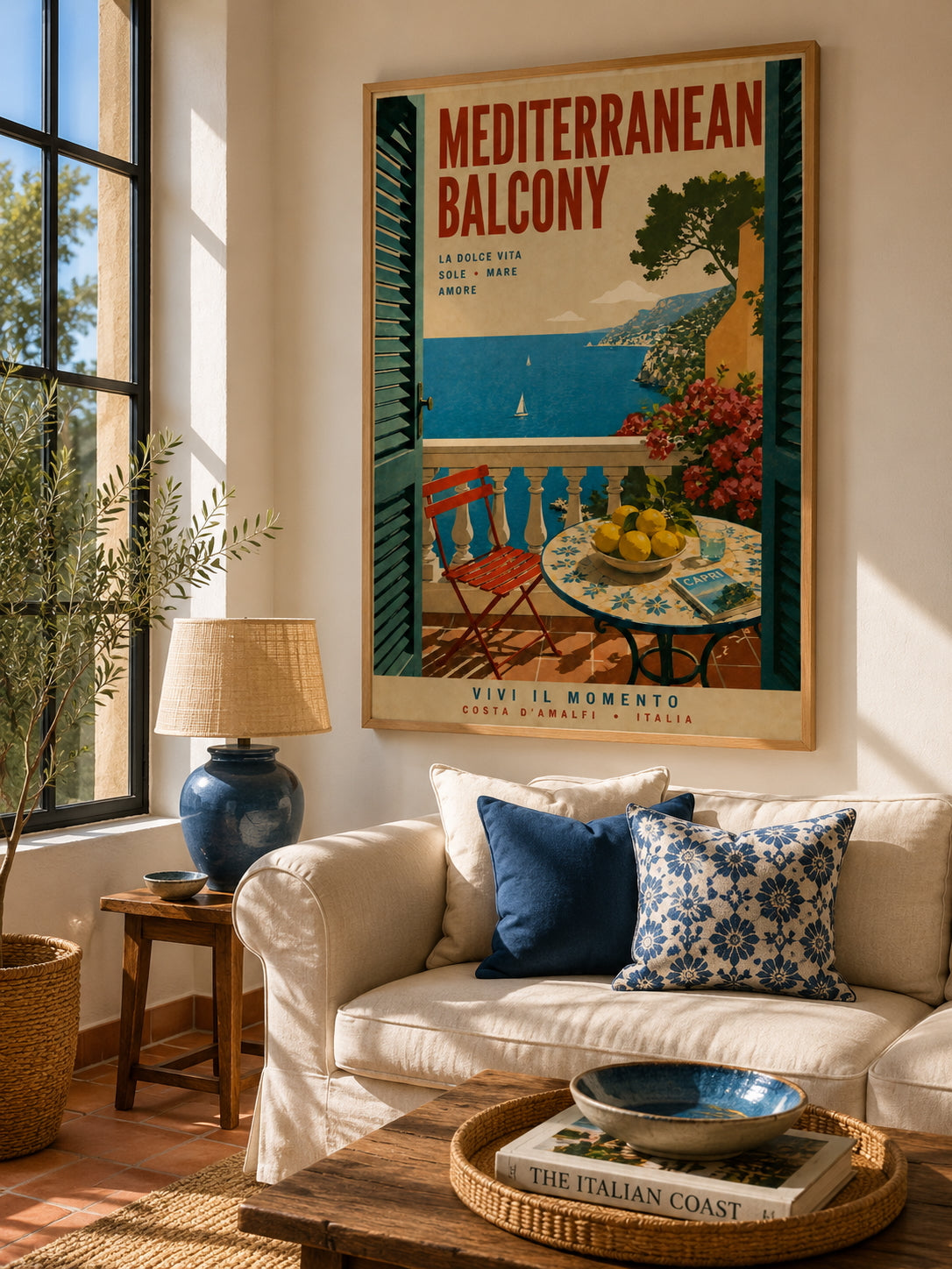 Mediterranean Balcony Travel Poster displayed in a bright living room with warm wood and Mediterranean blue accents