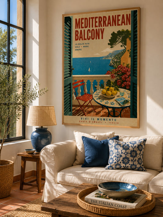Mediterranean Balcony Travel Poster displayed in a bright living room with warm wood and Mediterranean blue accents