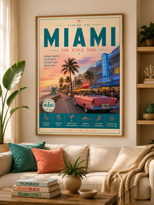 Miami Travel Poster displayed in a modern living room.