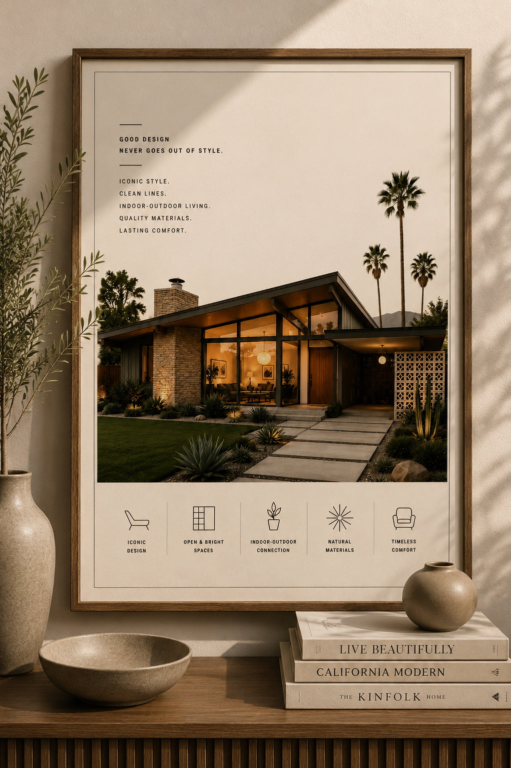 Mid-Century House Architecture Poster displayed in a modern living room.