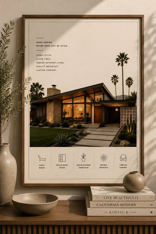 Mid-Century House Architecture Poster displayed in a modern living room.