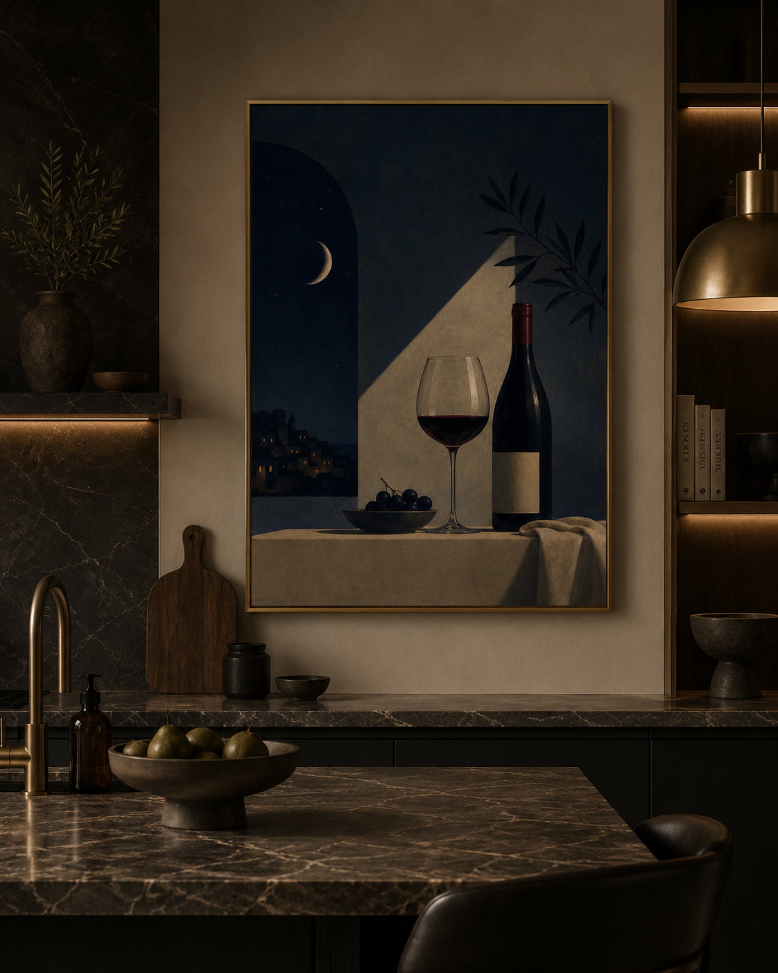 Midnight Wine Poster displayed in a modern kitchen.