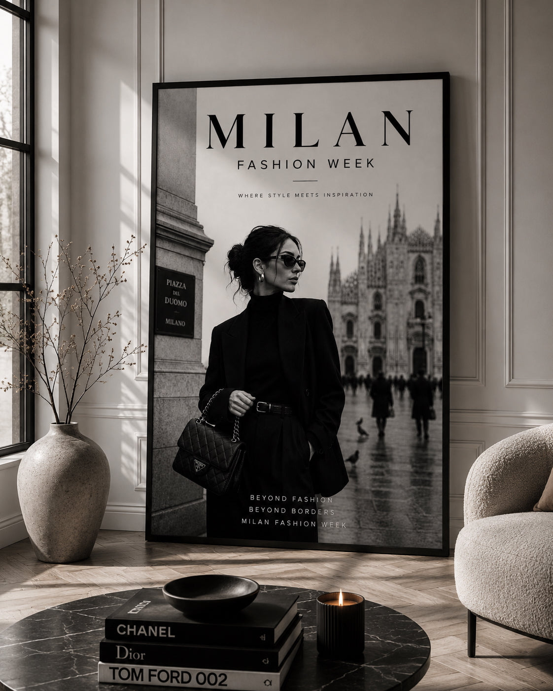 Milan Fashion Week No. 1 Fashion Poster displayed in a modern living room.
