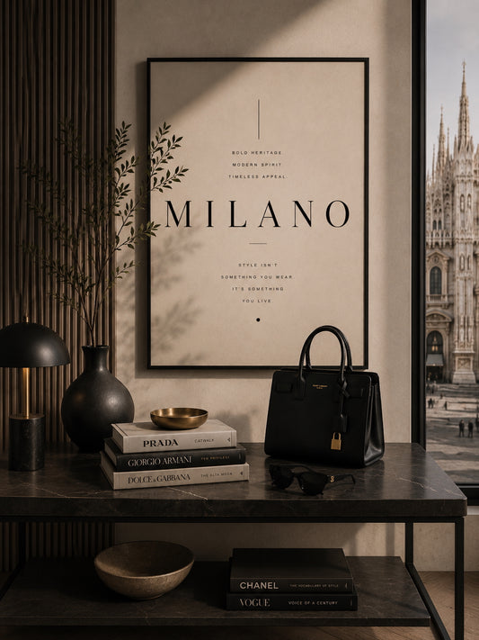 Milano Travel Poster displayed on a modern desk.