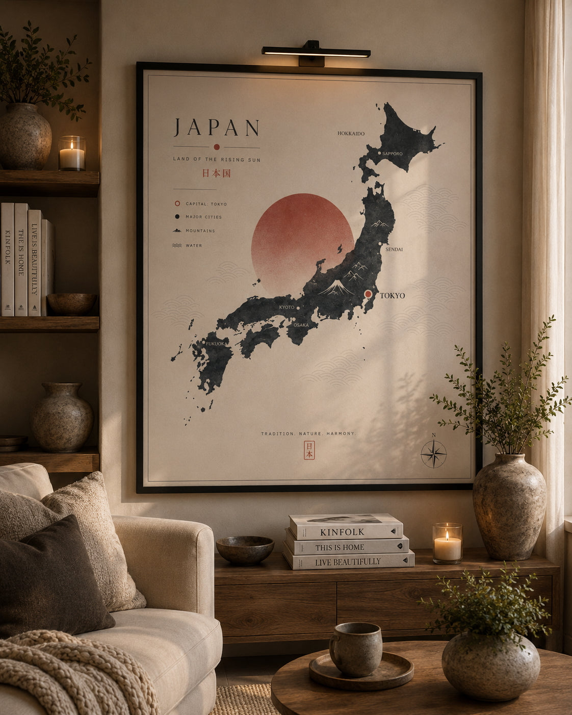 Minimalist Japan Map Poster displayed in a modern home office.