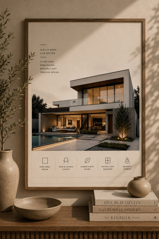 Modern House Architecture Poster displayed in a modern hallway.