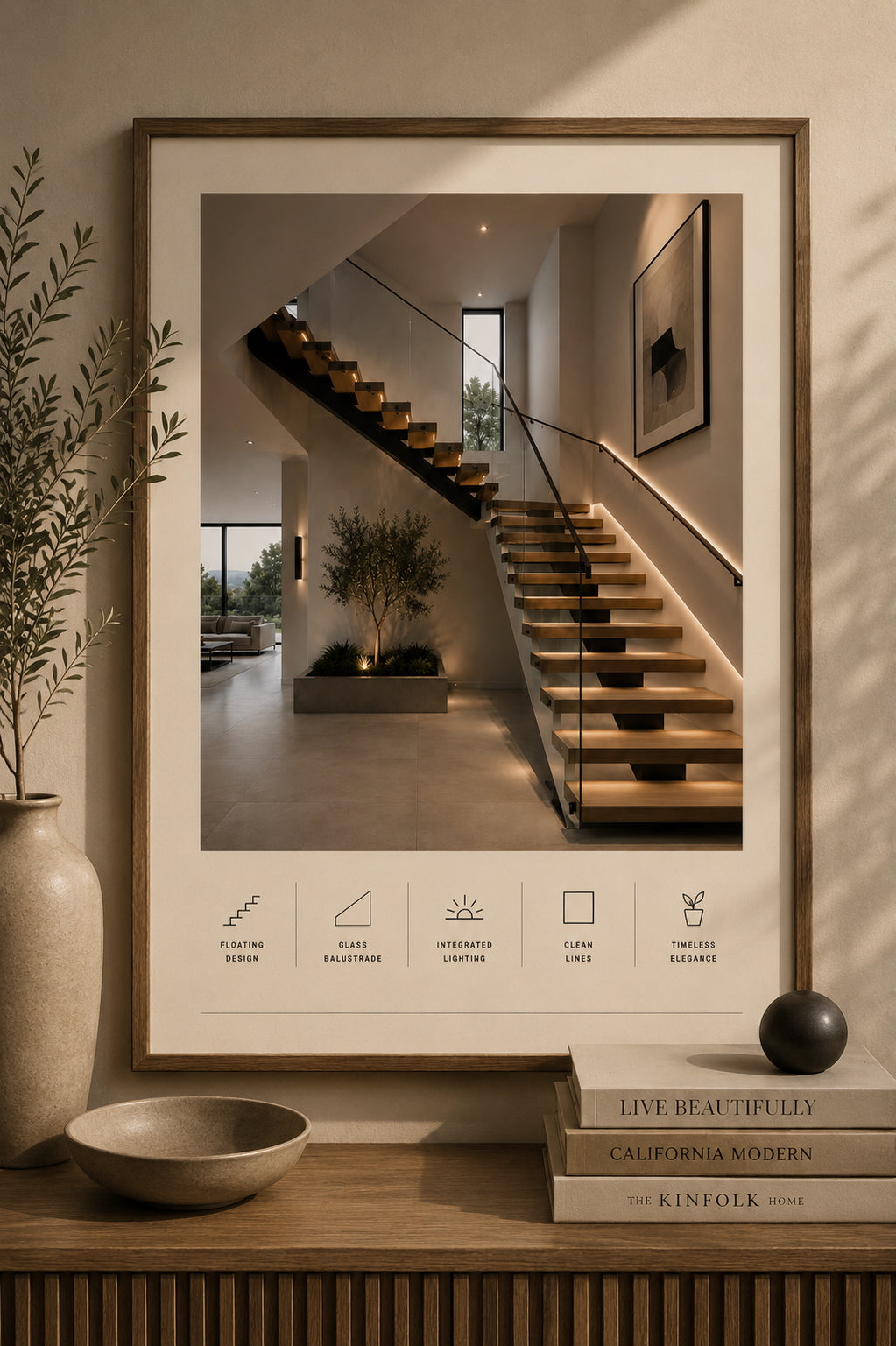 Modern Staircase Architecture Poster displayed in a hallway.