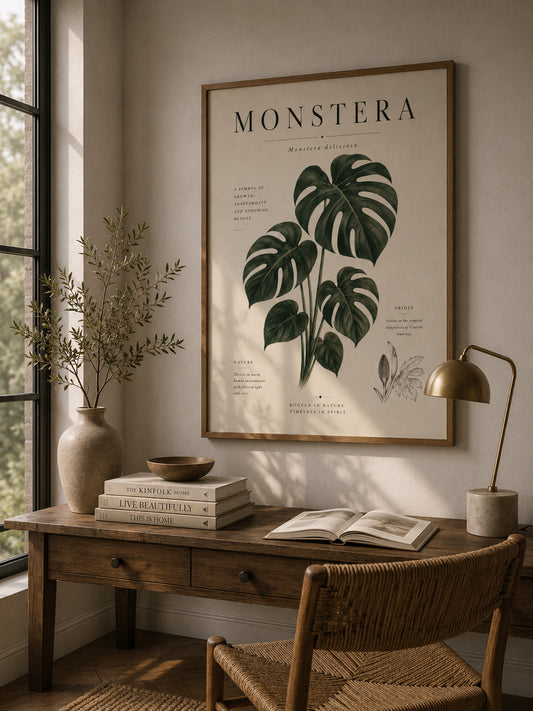 Monstera Botanical Poster displayed on a desk.