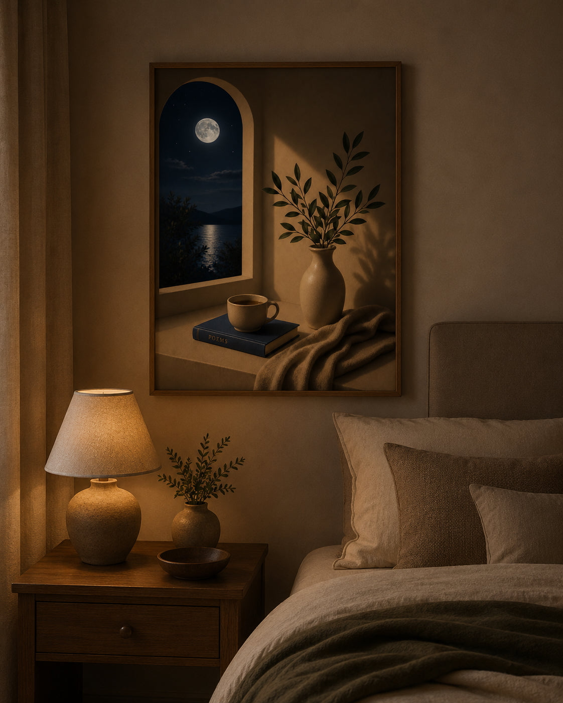 Moon Window Poster displayed in a modern bedroom.