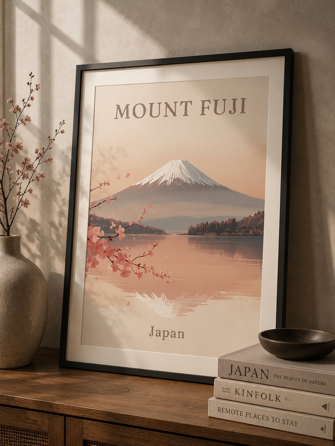 Mount Fuji Poster displayed in a modern living room.
