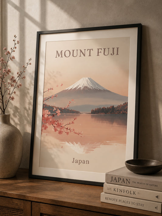 Mount Fuji Poster displayed in a modern living room.