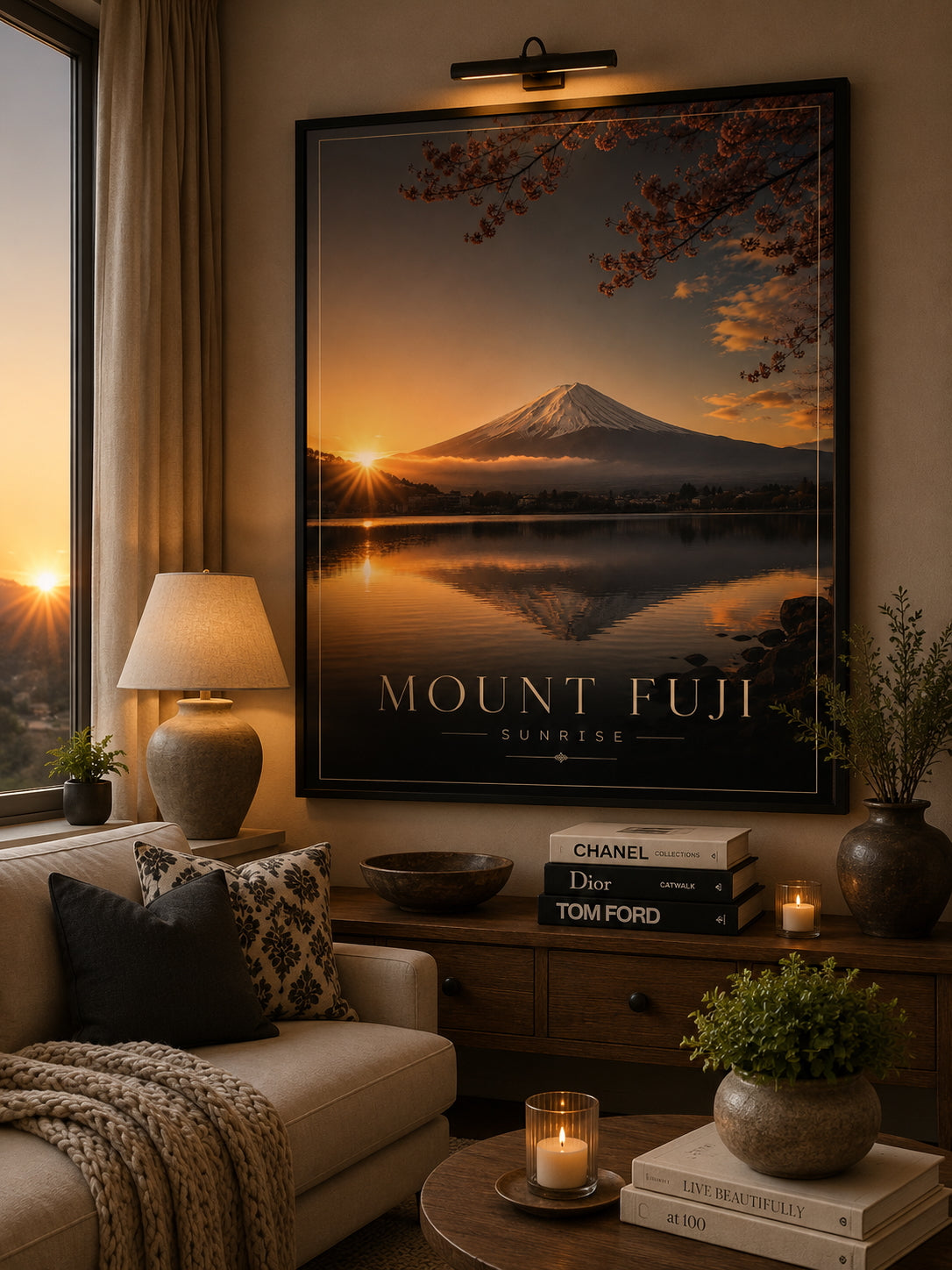 Mount Fuji Sunrise Poster displayed in a modern living room.