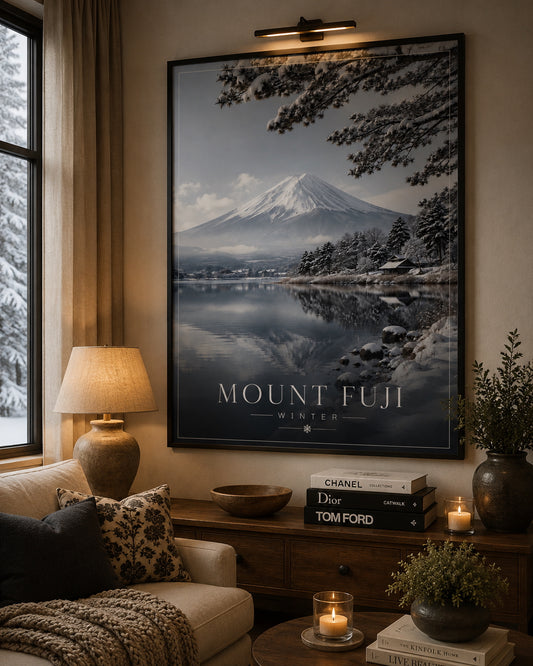 Mount Fuji Winter Poster displayed in a modern living room.