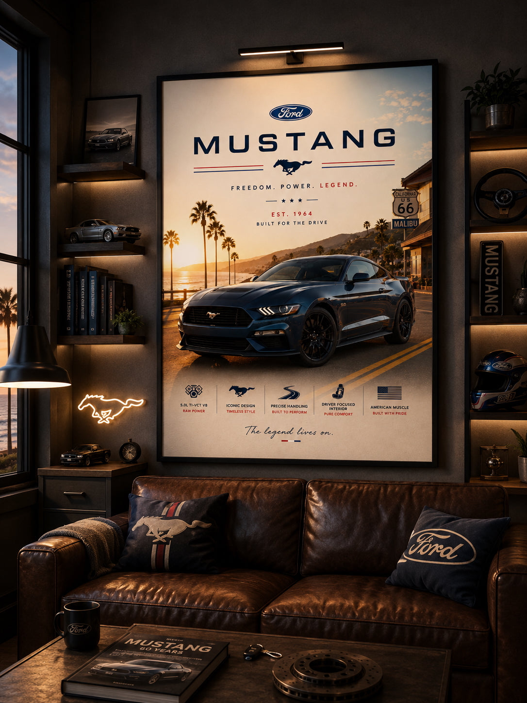 Ford Mustang Car Poster displayed in a modern home office.