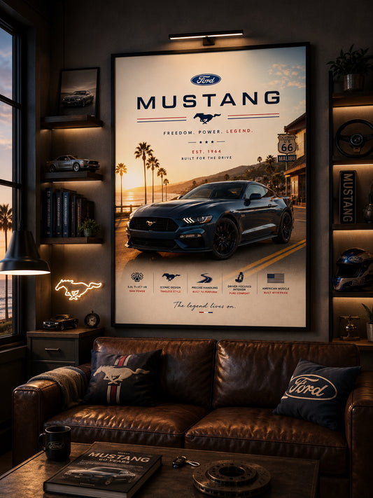 Ford Mustang Car Poster displayed in a modern home office.