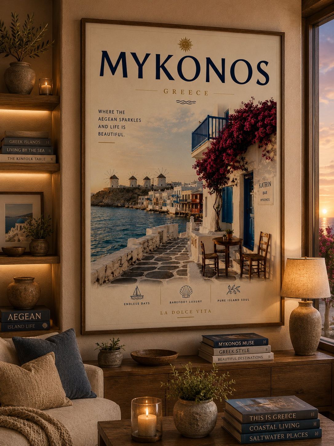 Mykonos Travel Poster displayed in a modern living room.