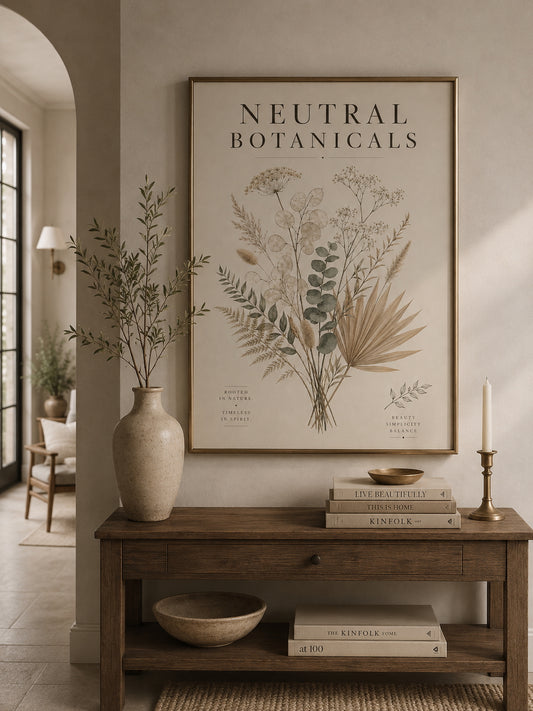 Neutral Botanicals Poster displayed in a modern hallway.